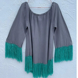 Monisqui Womens Handmade Boho Style Green Tassel Top Gray Sz Large